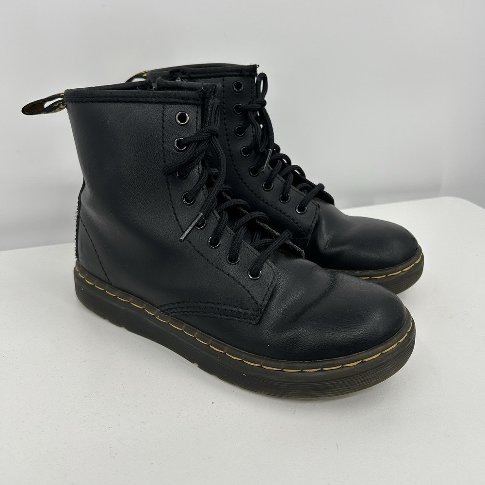 Dr. Martens Kids Zavala J Lace-Up Combat Boots Size 2 Black Leather Side Zip